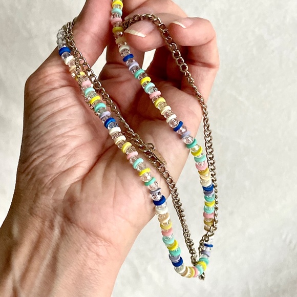 Beaded Multi Coloured Necklace/w Clear Crystals and Golden Chain - Picture 3 of 14